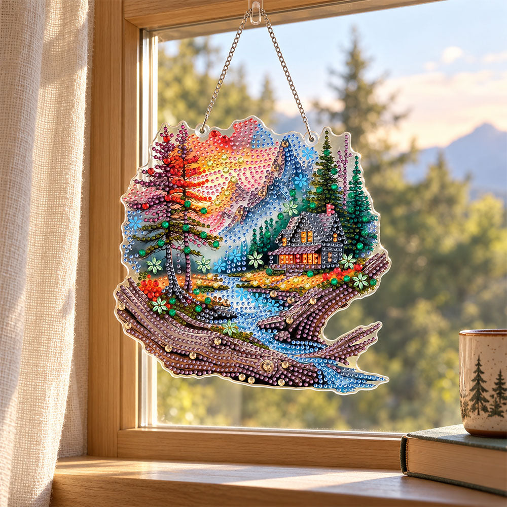 5D Diamond Painting Türanhänger – Abendzauber am Bergbach