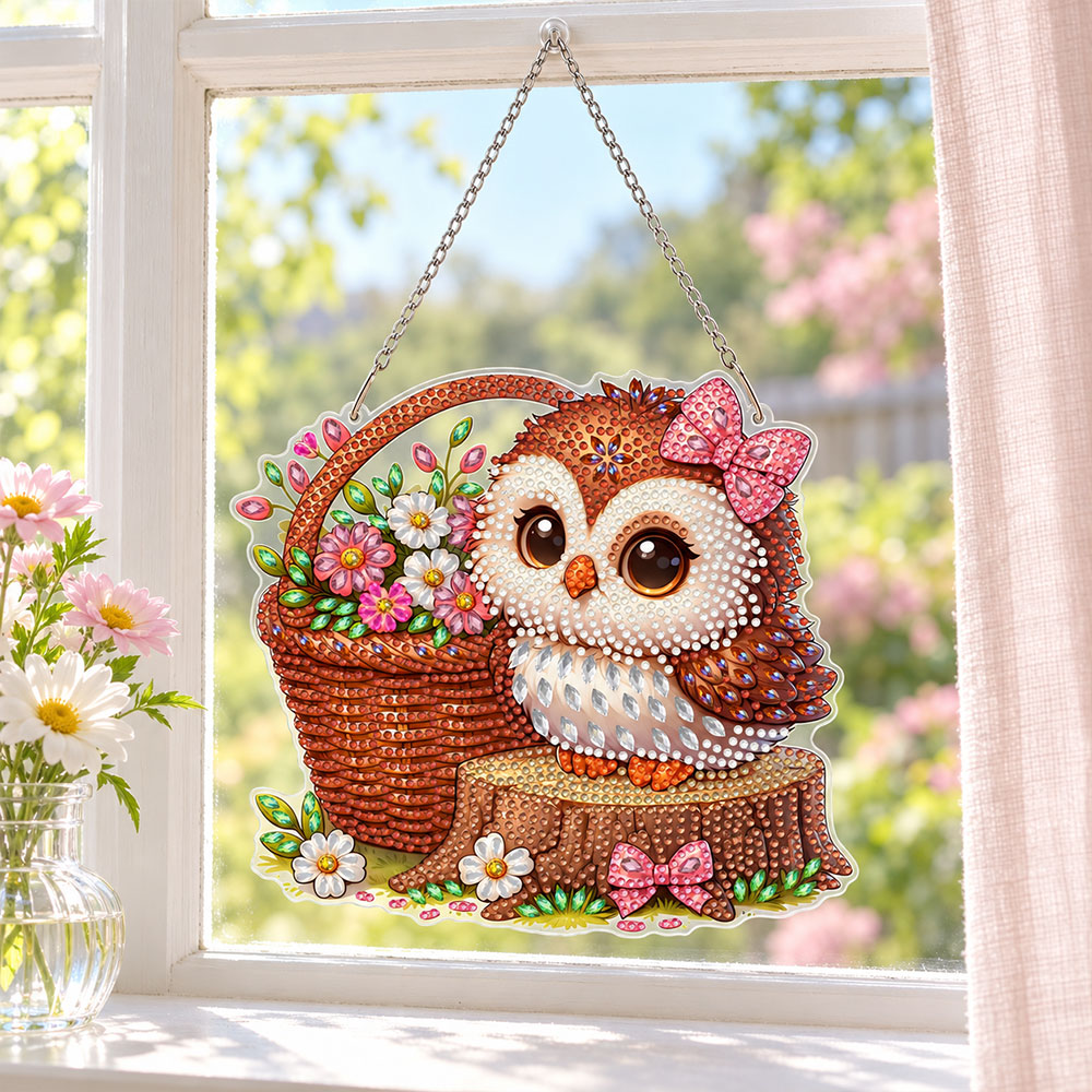 5D Diamond Painting Türanhänger – Blumengruß der kleinen Eule