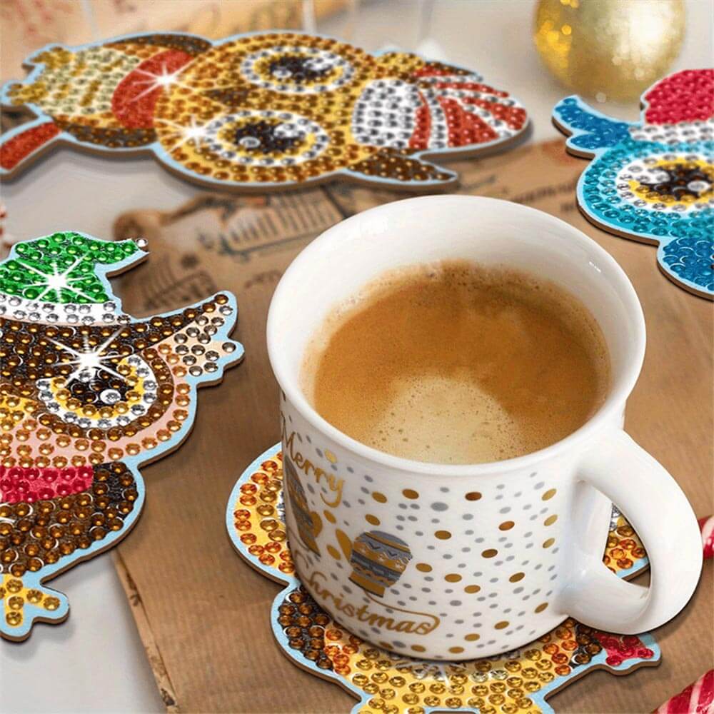 5D Diamond Painting Untersetzer Weihnachts-Eulen, Unique-Diamond