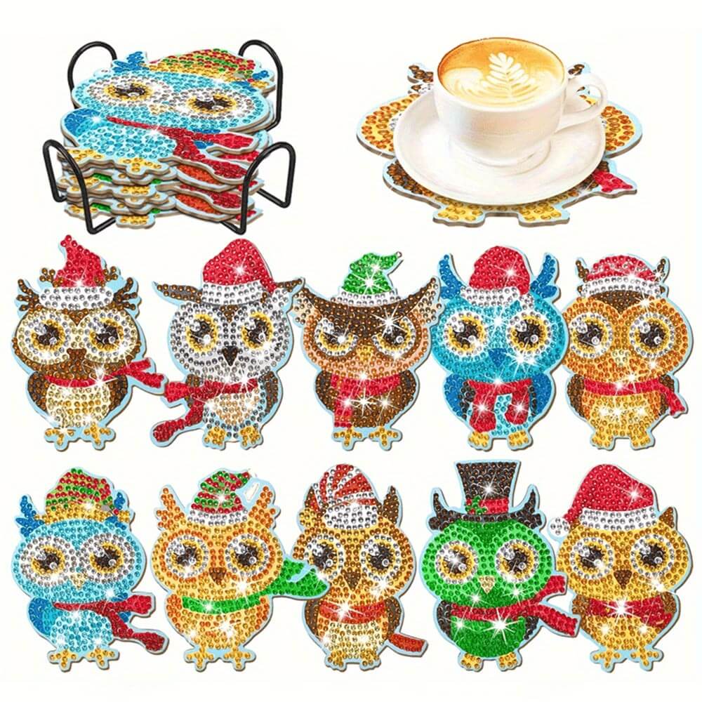 5D Diamond Painting Untersetzer Weihnachts-Eulen, Unique-Diamond