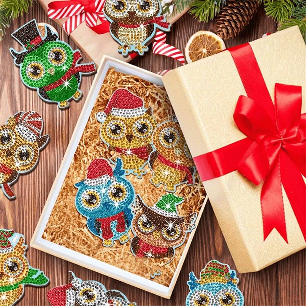 5D Diamond Painting Untersetzer Weihnachts-Eulen, Unique-Diamond