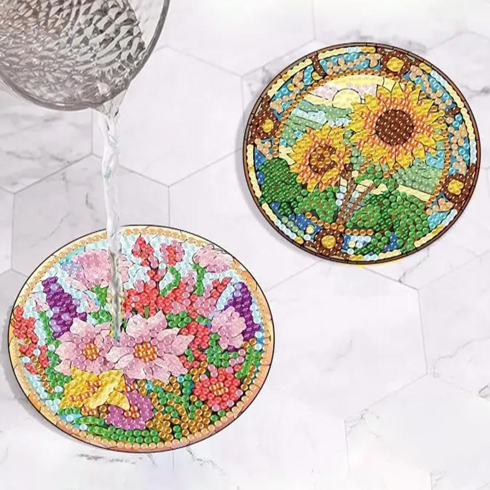 5D Diamond Painting Untersetzer – Blumen im Glasfenster, Unique-Diamond