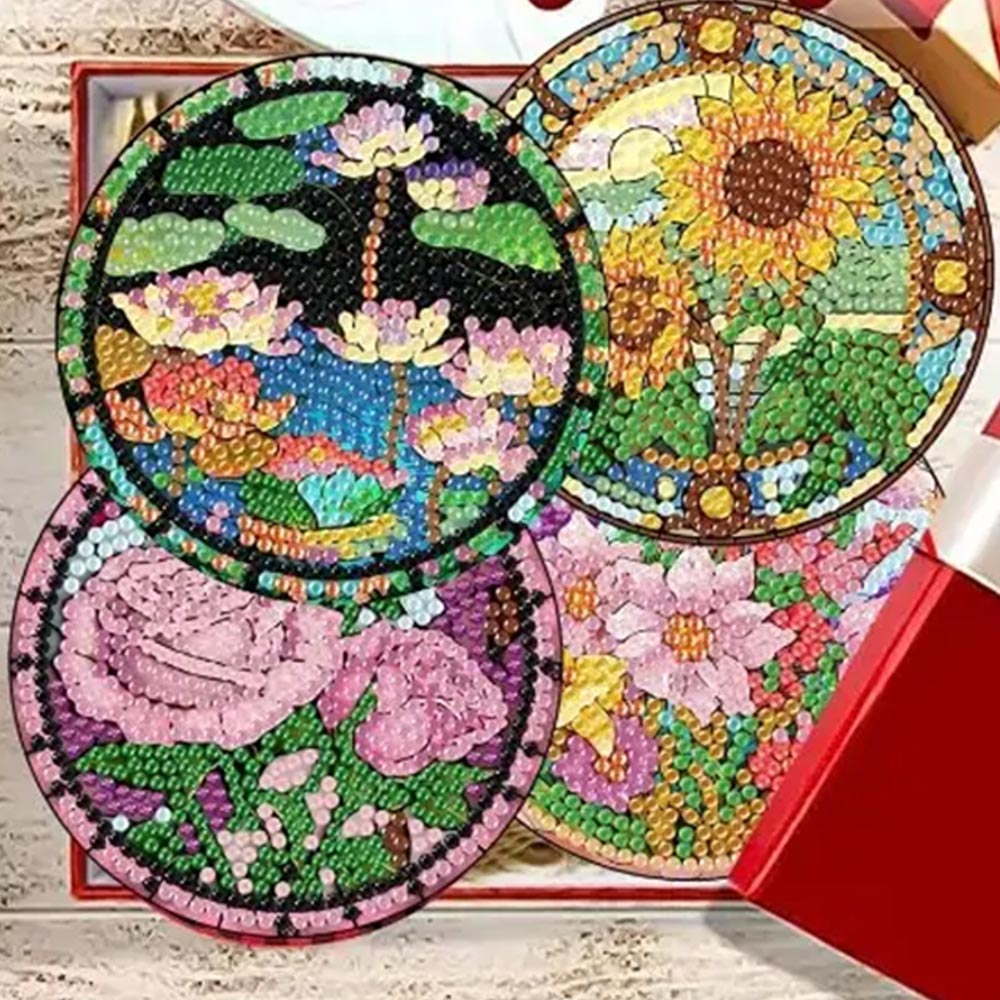 5D Diamond Painting Untersetzer – Blumen im Glasfenster, Unique-Diamond