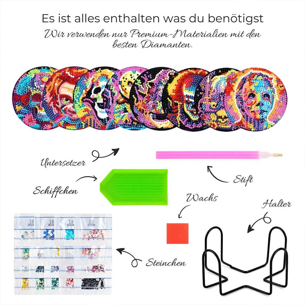 5D Diamond Painting Untersetzer – Horror Figuren im Neon-Look, Unique-Diamond