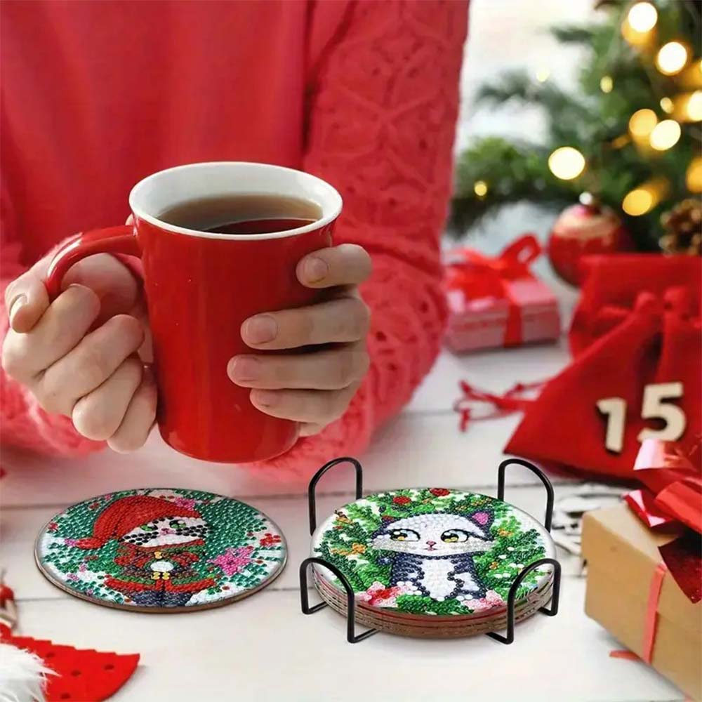 5D Diamond Painting Untersetzer – Weihnachtskatzen, Unique-Diamond