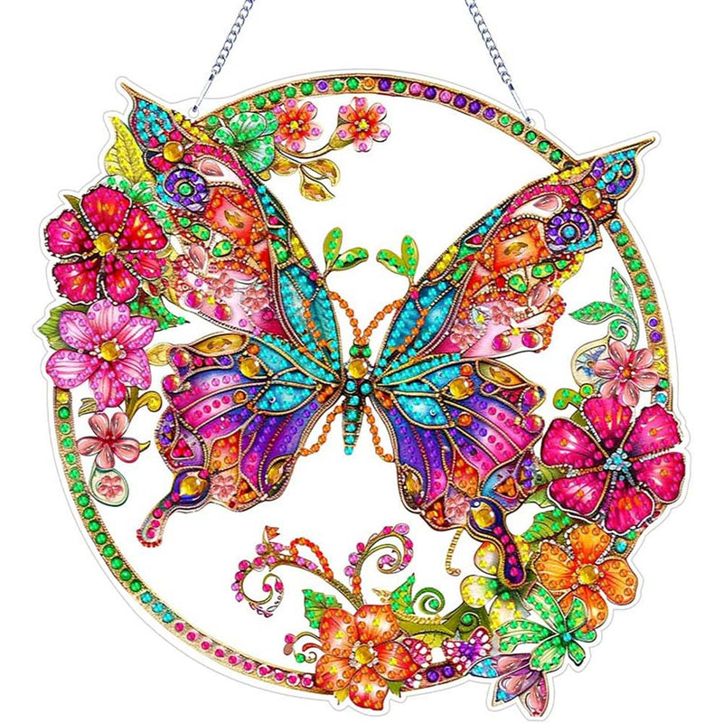 5D Diamond Painting Wandanhänger – Farbenflügel im Blütenkreis