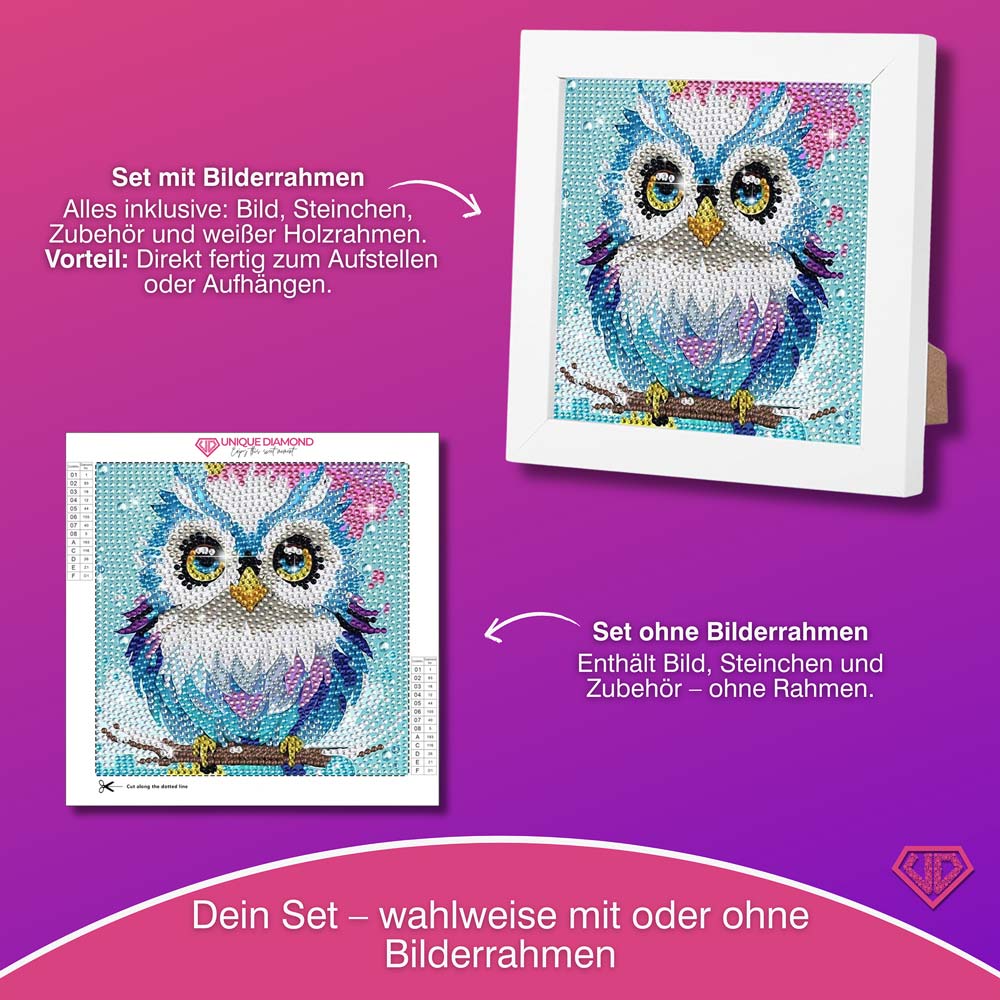 5D Diamond Painting Weisheits-Eule Aurelia mit Strasssteinchen, Unique-Diamond