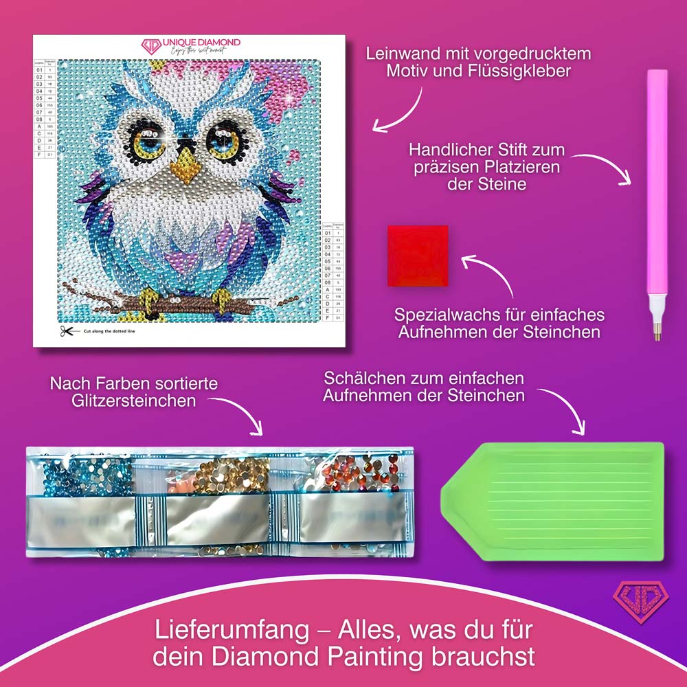 5D Diamond Painting Weisheits-Eule Aurelia mit Strasssteinchen, Unique-Diamond