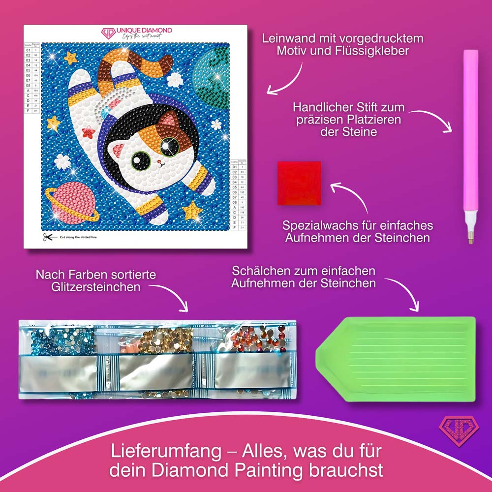 5D Diamond Painting Weltraumkatze mit Strasssteinchen, Unique-Diamond
