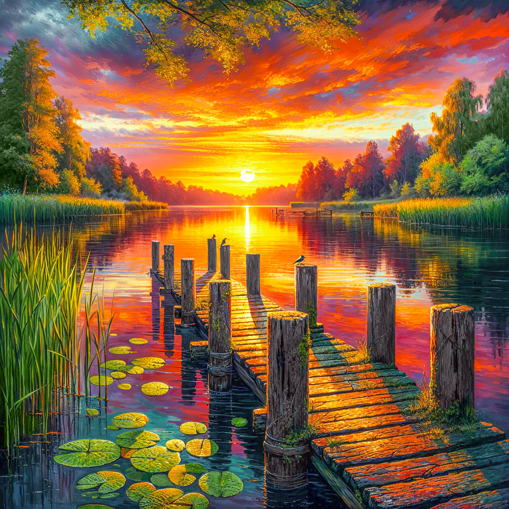 5D Diamond Painting – Abendgold am Seeufer, Unique-Diamond
