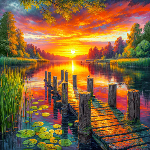 5D Diamond Painting – Abendgold am Seeufer, Unique-Diamond