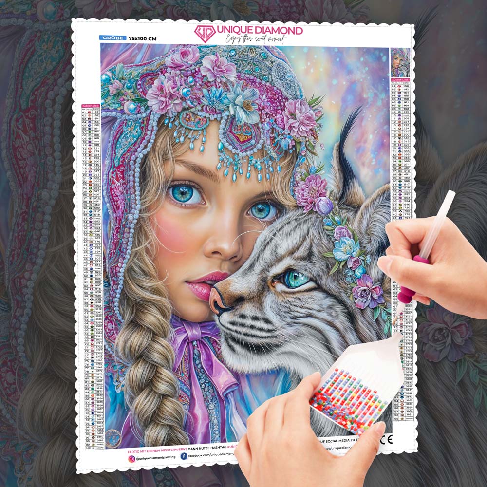 5D Diamond Painting – Alina und der Seelenluchs, Unique-Diamond