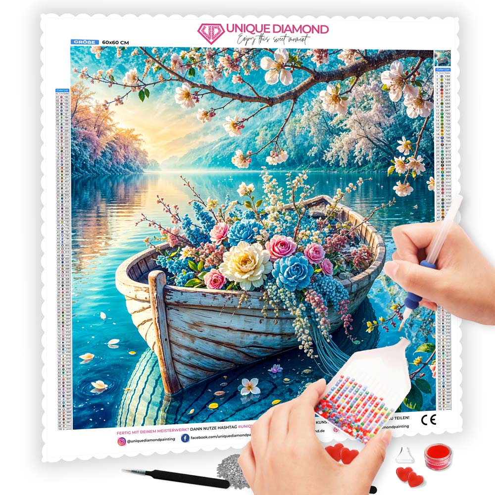 5D Diamond Painting – Blütenboot auf stillem See, Unique-Diamond