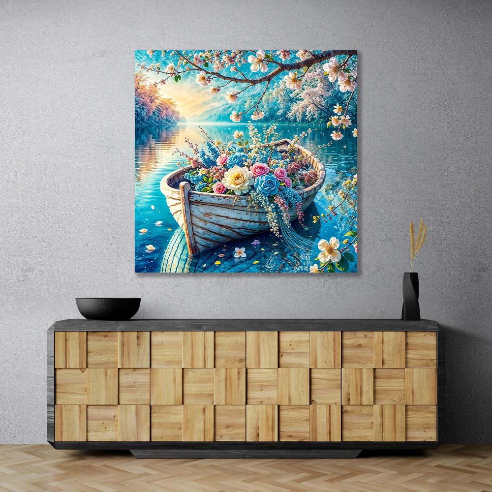 5D Diamond Painting – Blütenboot auf stillem See, Unique-Diamond