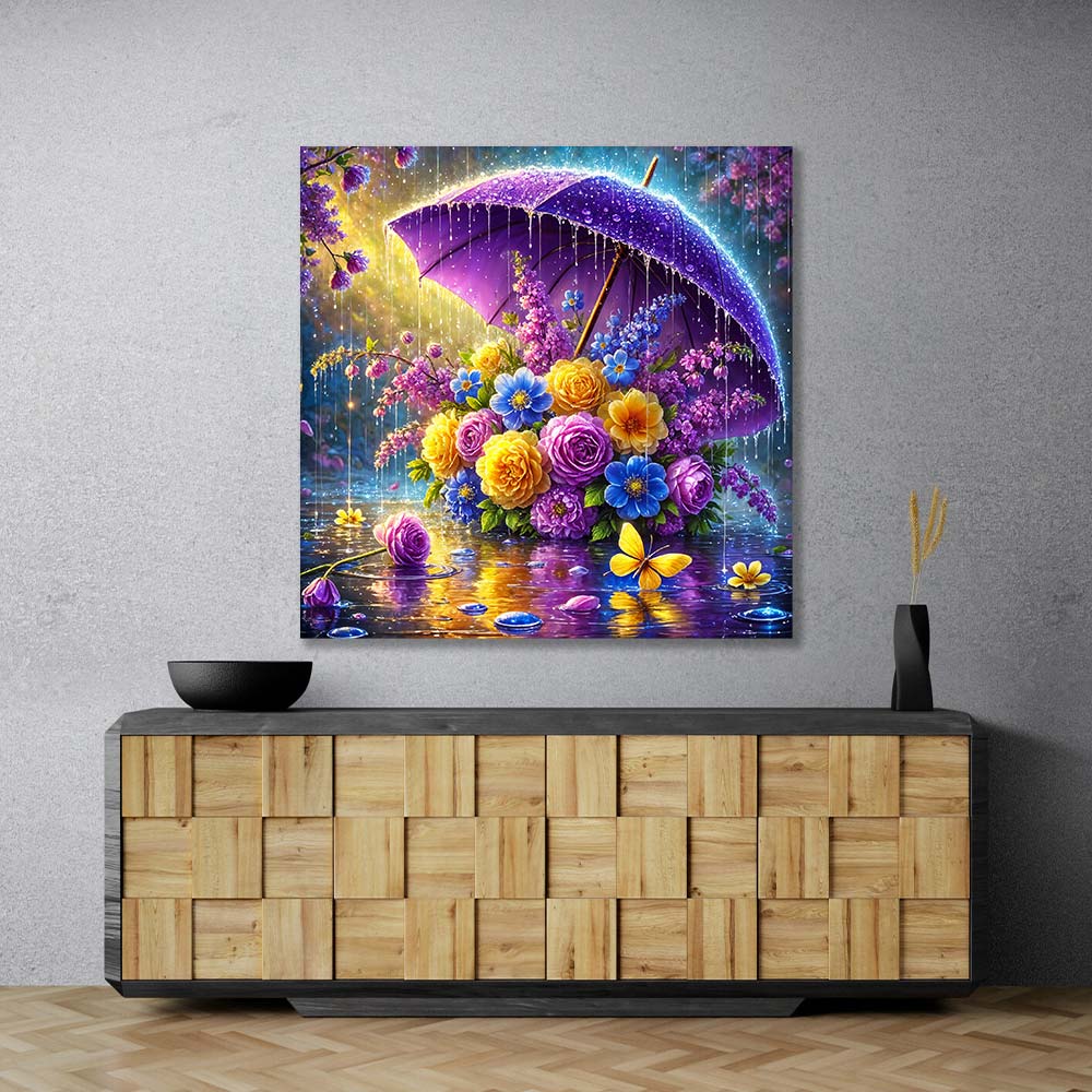 5D Diamond Painting – Blütenschirm im Frühlingsregen, Unique-Diamond