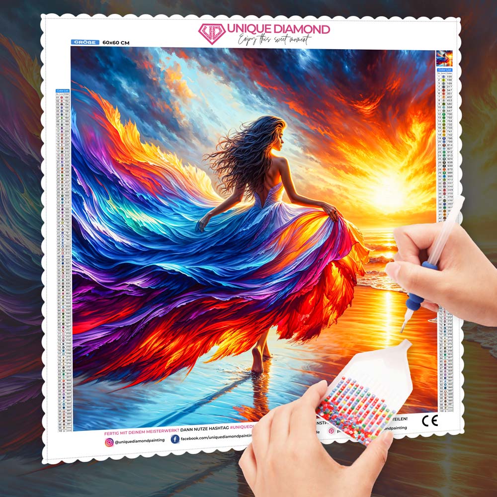 5D Diamond Painting – Elenas Feuerkleid im Sonnenuntergang, Unique-Diamond