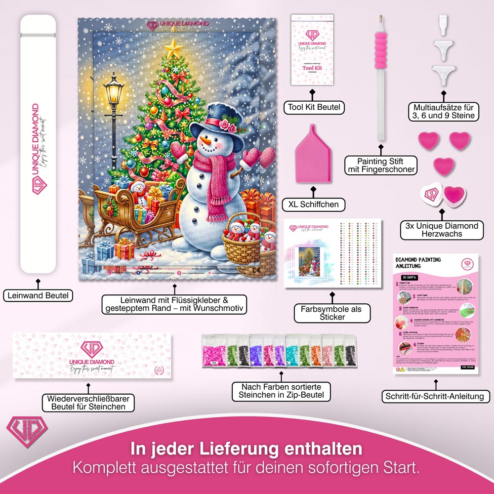 5D Diamond Painting – Fröhlicher Schneemann & Weihnachtsbaumfreude Unique-Diamond