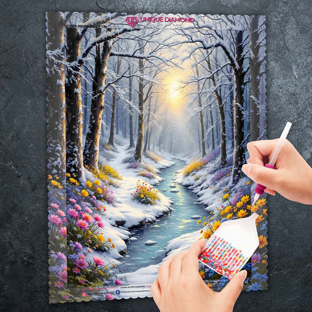 5D Diamond Painting – Frühlingslicht im Winterwald, Unique-Diamond