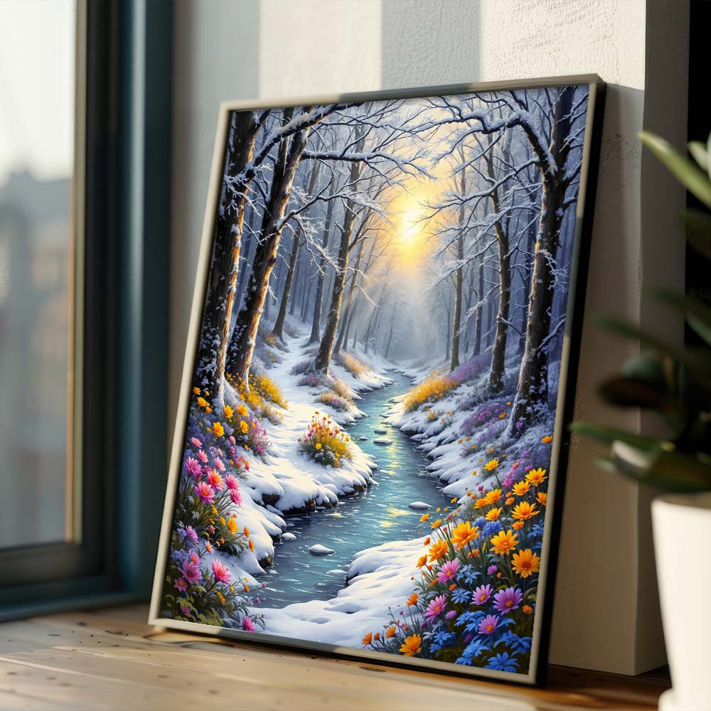 5D Diamond Painting – Frühlingslicht im Winterwald, Unique-Diamond