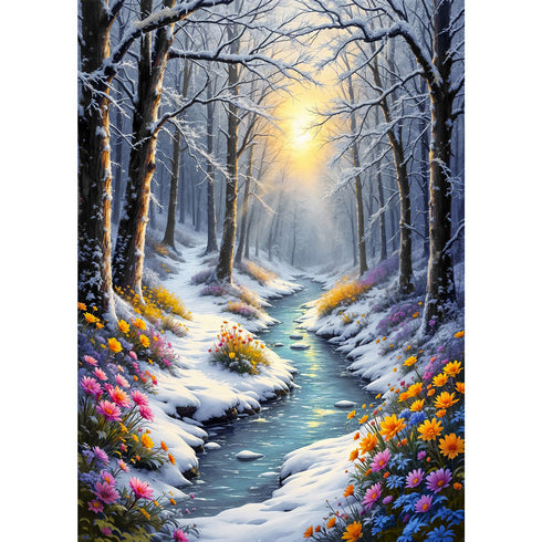 5D Diamond Painting – Frühlingslicht im Winterwald, Unique-Diamond
