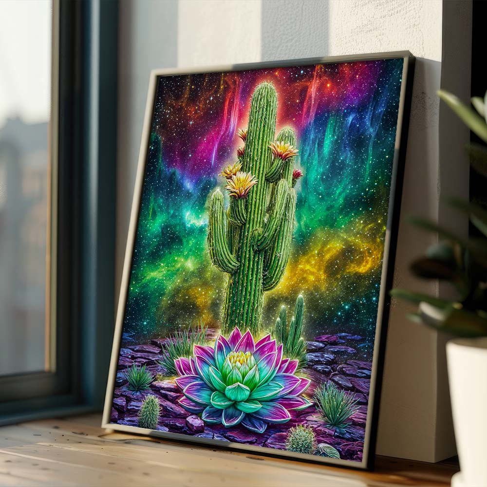 5D Diamond Painting – Kaktuslicht im Sternennebel, Unique-Diamond