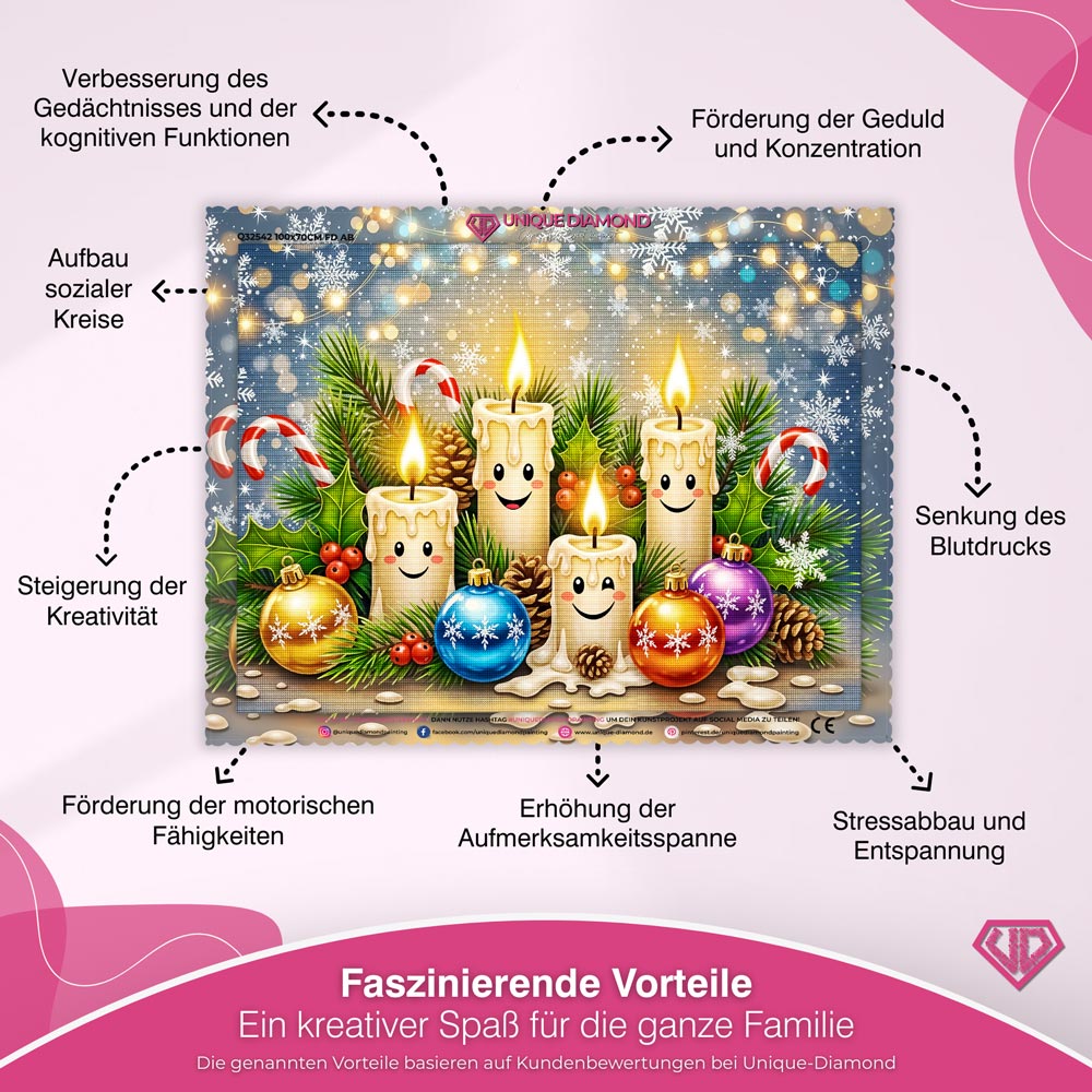 5D Diamond Painting – Lächelnde Weihnachtskerzen & Kugelzauber, Unique-Diamond