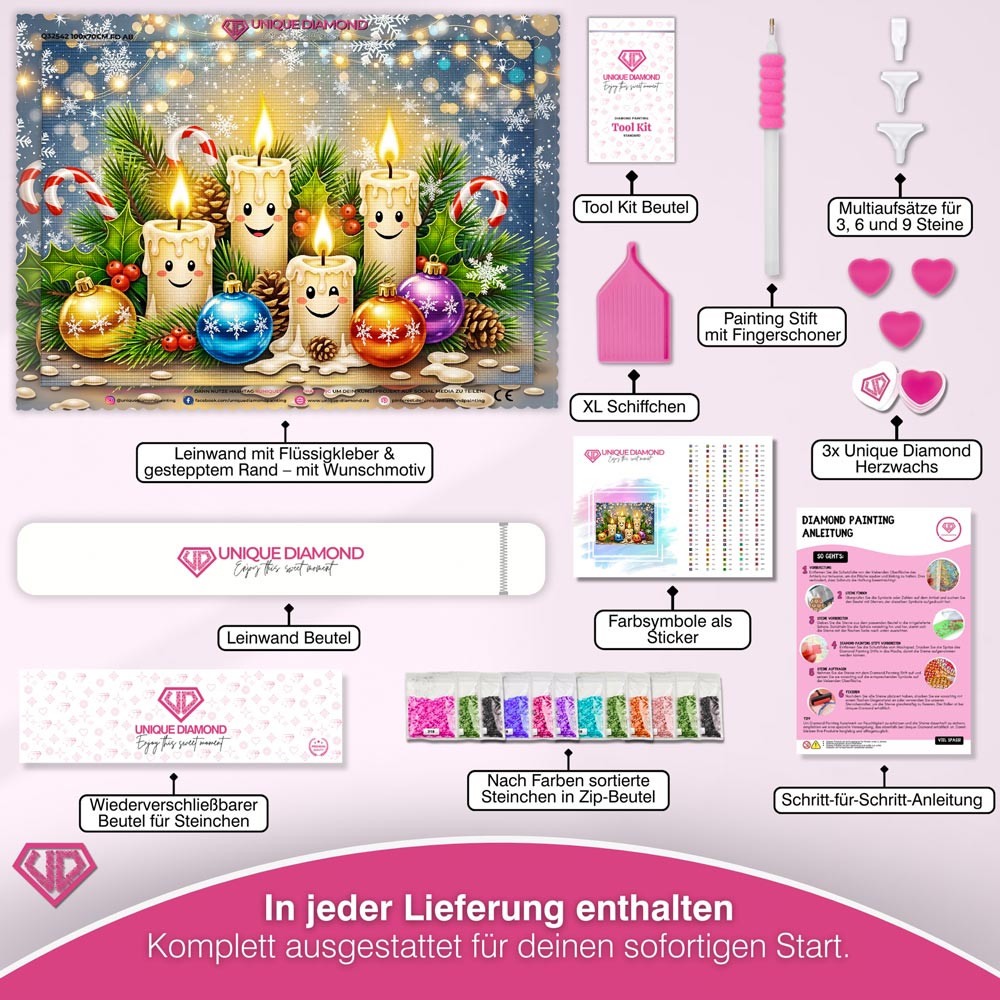 5D Diamond Painting – Lächelnde Weihnachtskerzen & Kugelzauber, Unique-Diamond