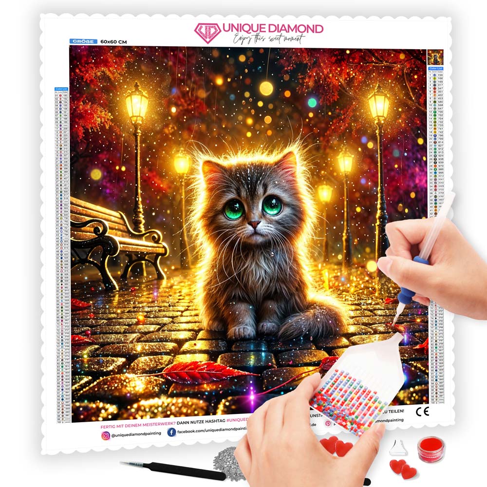 5D Diamond Painting – Laternenkatze im Lichterregen, Unique-Diamond