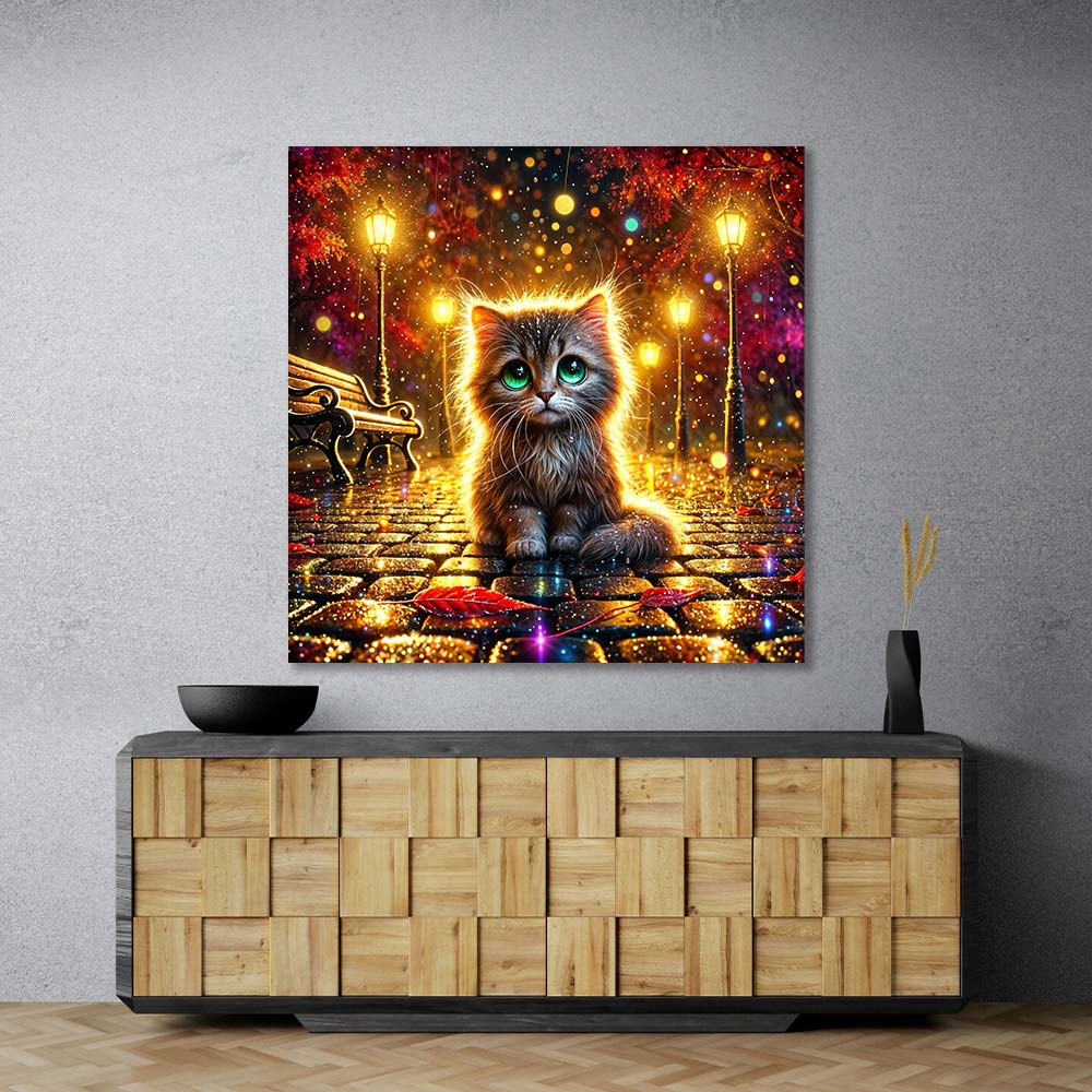 5D Diamond Painting – Laternenkatze im Lichterregen, Unique-Diamond