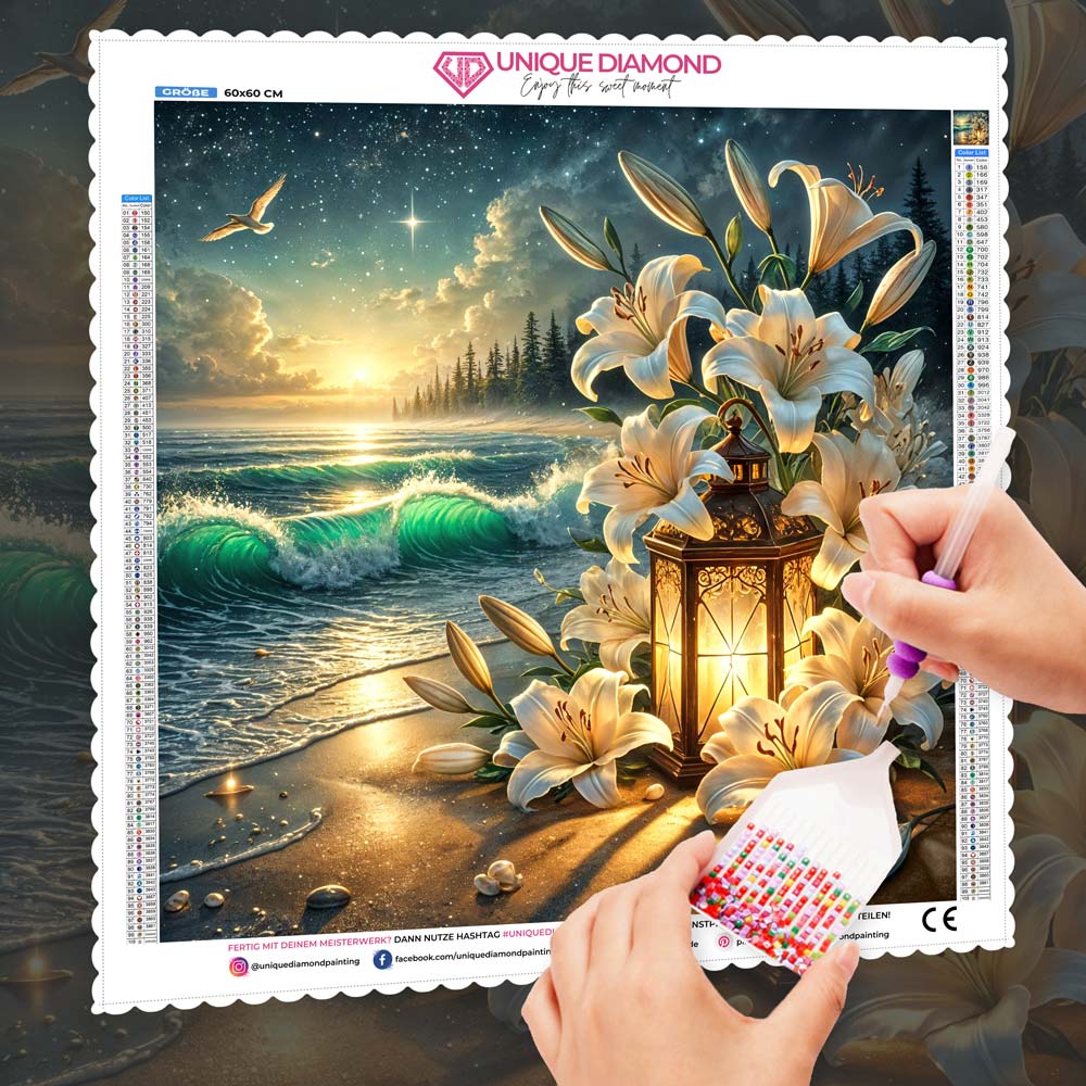 5D Diamond Painting – Lilienlicht am Abendmeer, Unique-Diamond