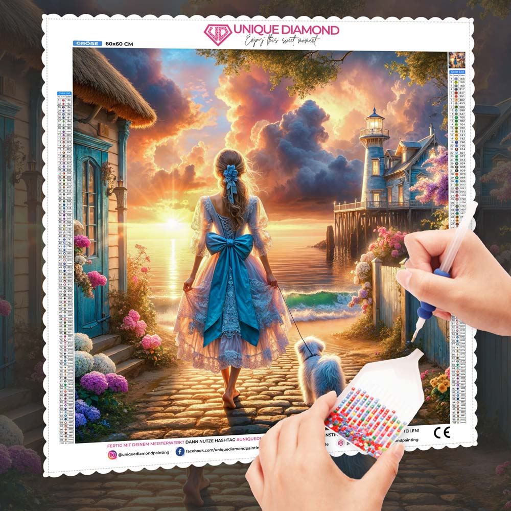 5D Diamond Painting – Marlenes Spaziergang im Abendlicht, Unique-Diamond