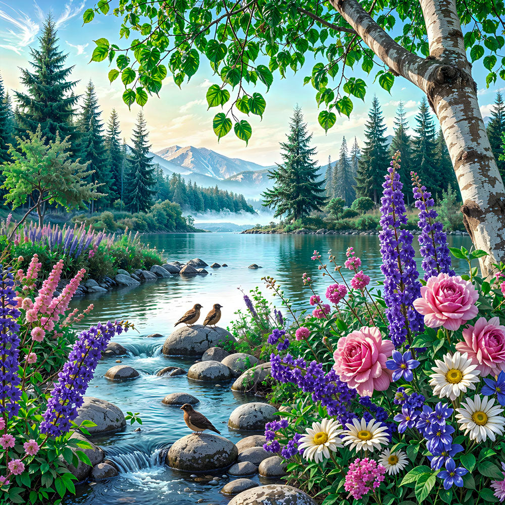 5D Diamond Painting – Morgen am Blütensee, Unique-Diamond