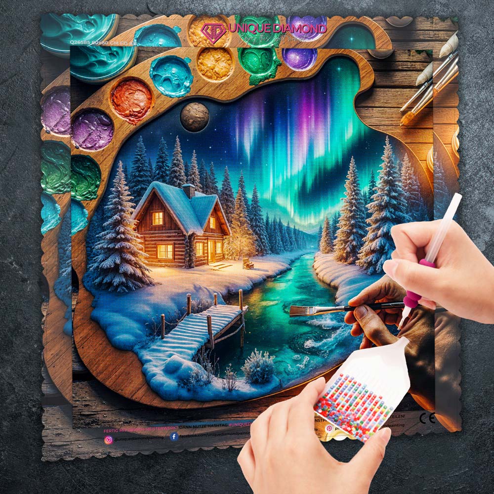 5D Diamond Painting – Polarlichtzauber im Künstlerherz, Unique-Diamond