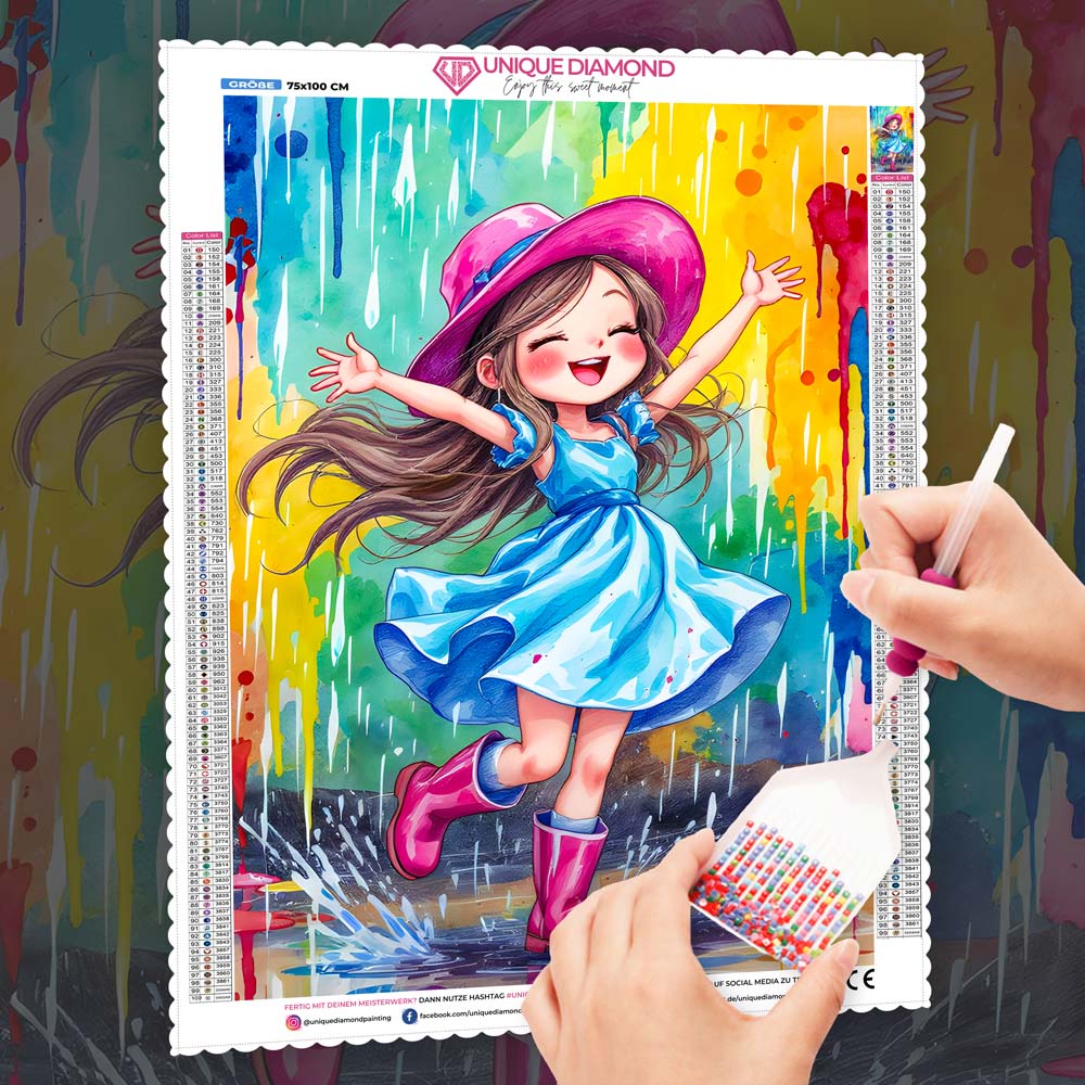 5D Diamond Painting – Regenfreude mit Leni, Unique-Diamond