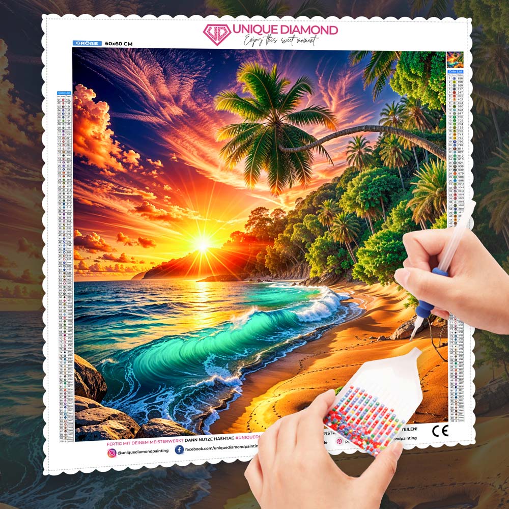 5D Diamond Painting – Sonnenkuss in Palmenbucht, Unique-Diamond