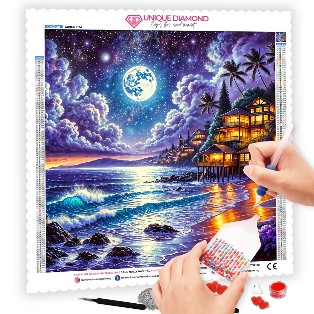 5D Diamond Painting – Vollmond über der Küstenbucht, Unique-Diamond