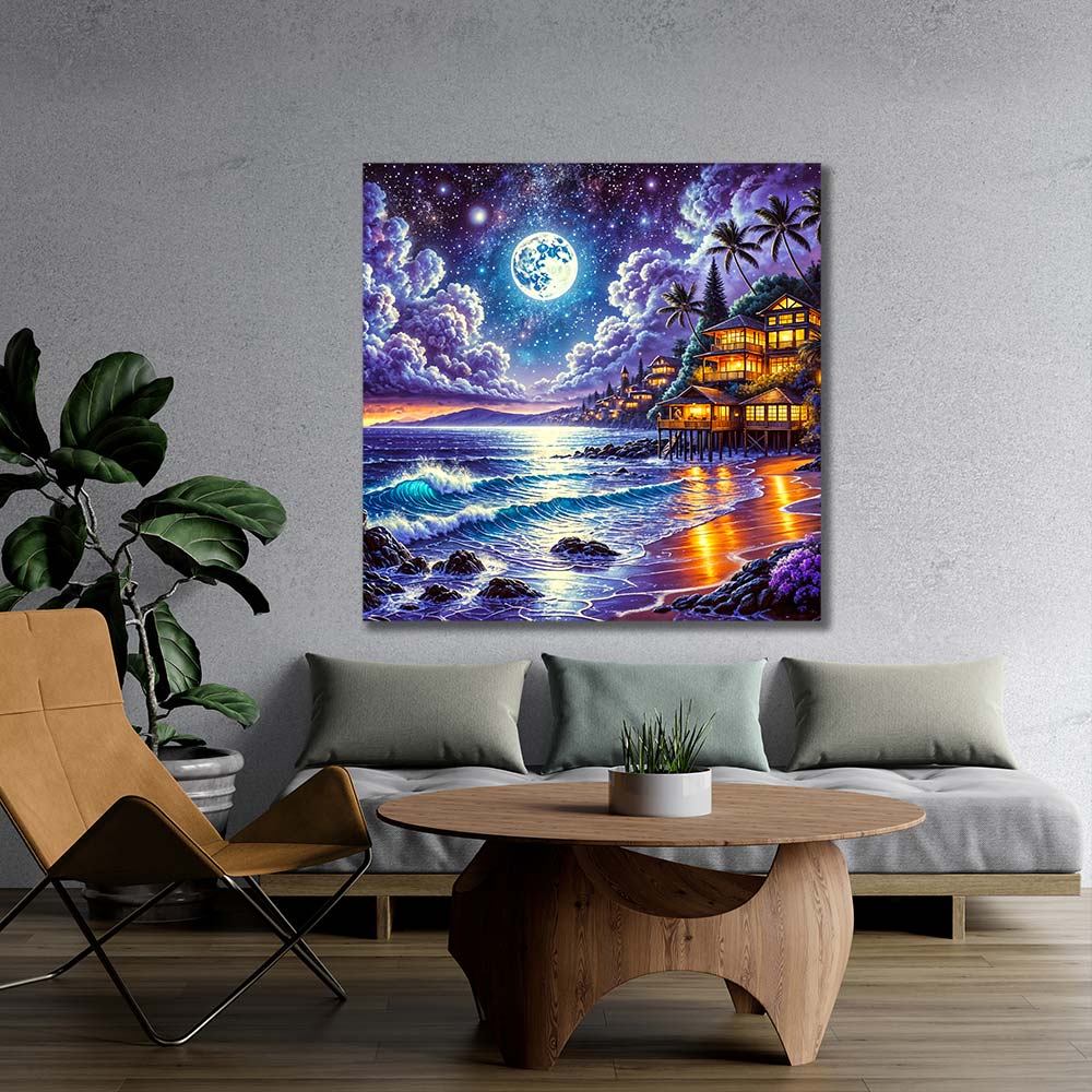 5D Diamond Painting – Vollmond über der Küstenbucht, Unique-Diamond