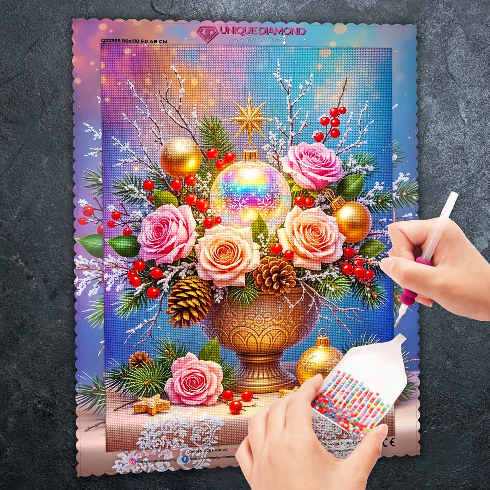 5D Diamond Painting – Weihnachtsbouquet mit Rosen und Kugeln Unique-Diamond
