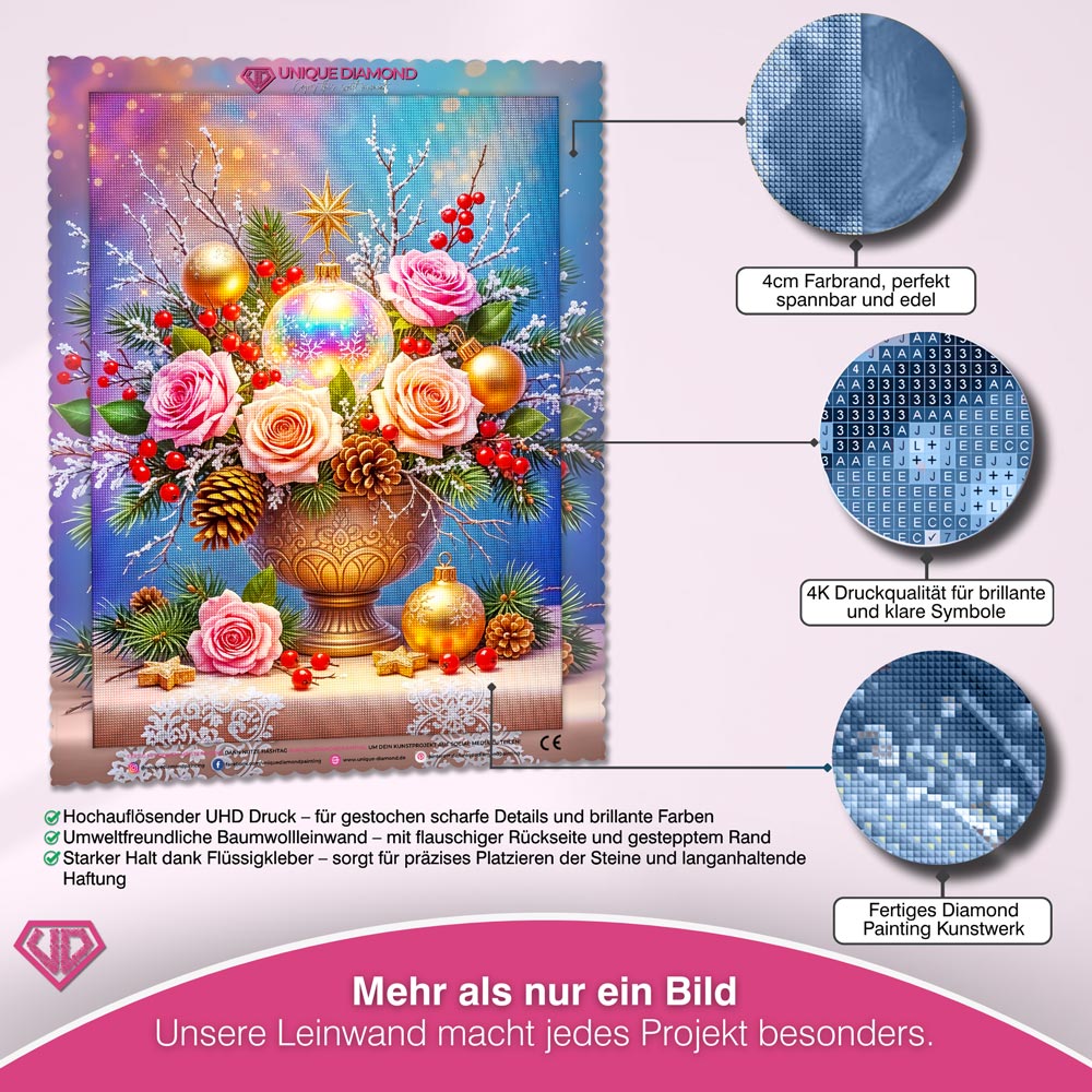 5D Diamond Painting – Weihnachtsbouquet mit Rosen und Kugeln Unique-Diamond