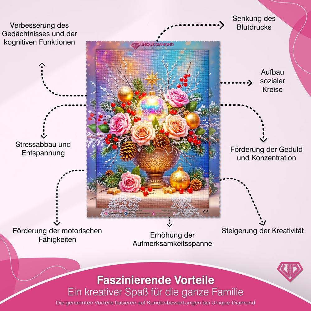 5D Diamond Painting – Weihnachtsbouquet mit Rosen und Kugeln Unique-Diamond