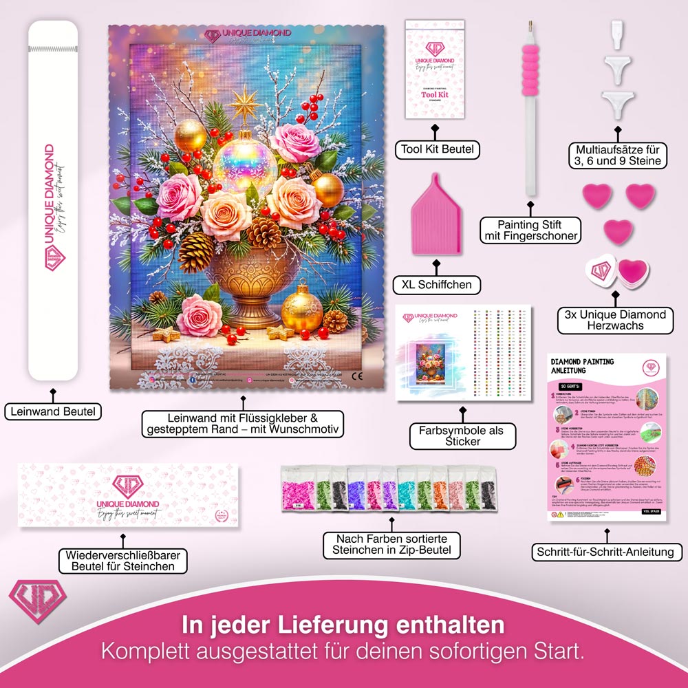 5D Diamond Painting – Weihnachtsbouquet mit Rosen und Kugeln Unique-Diamond