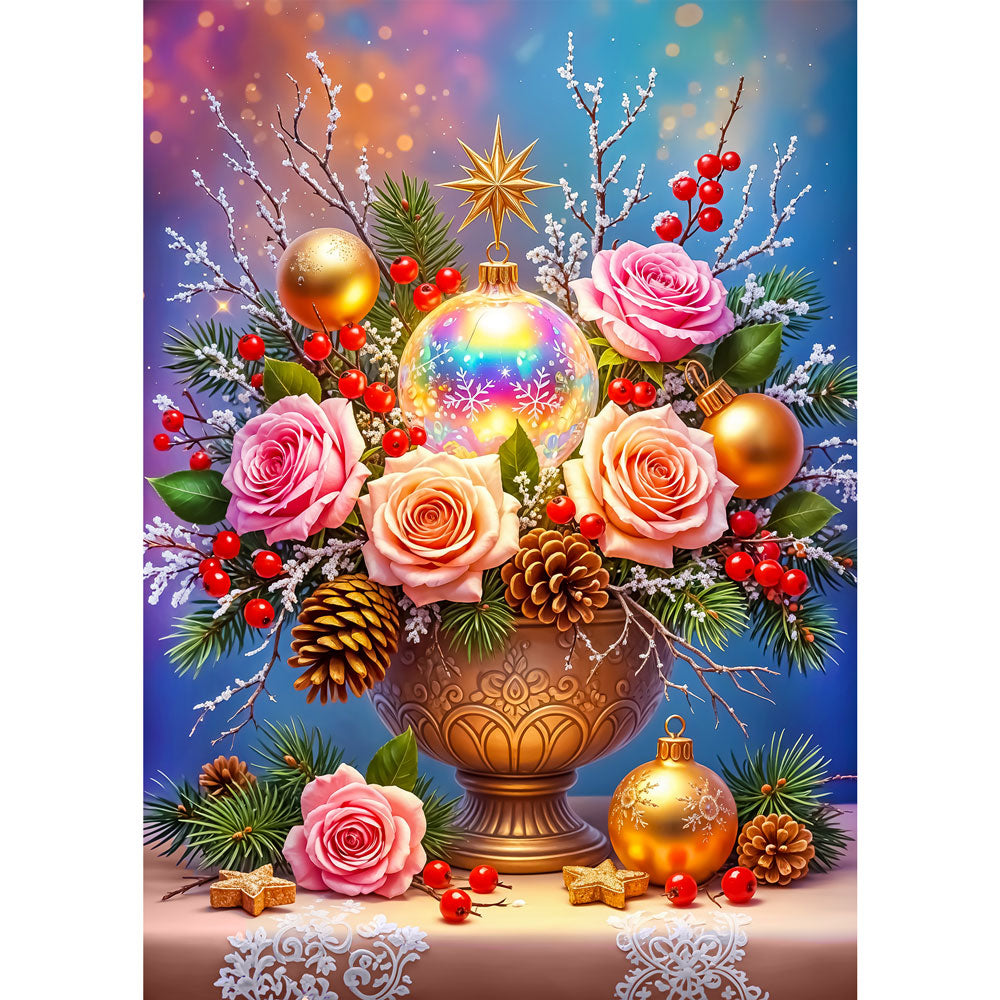 5D Diamond Painting – Weihnachtsbouquet mit Rosen und Kugeln Unique-Diamond