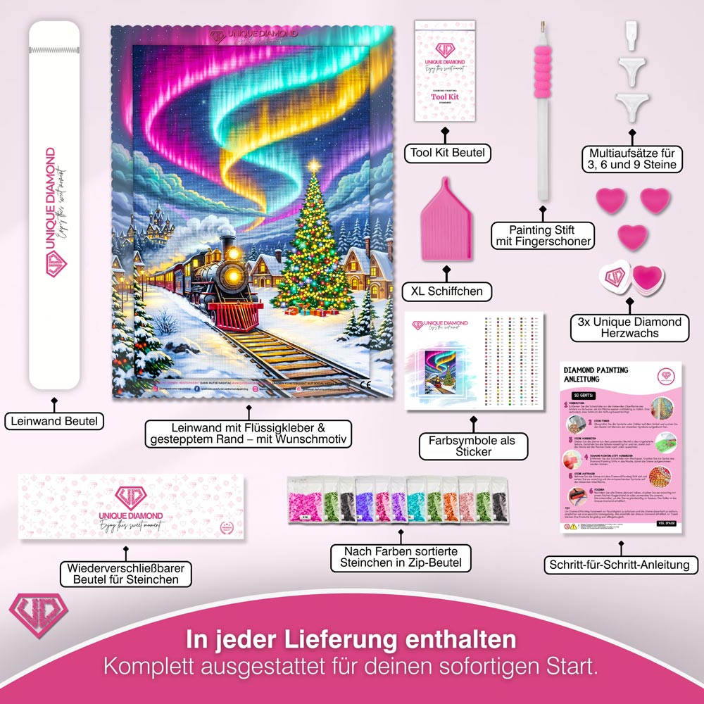 5D Diamond Painting – Weihnachtszug & Polarlichtmagie Unique-Diamond