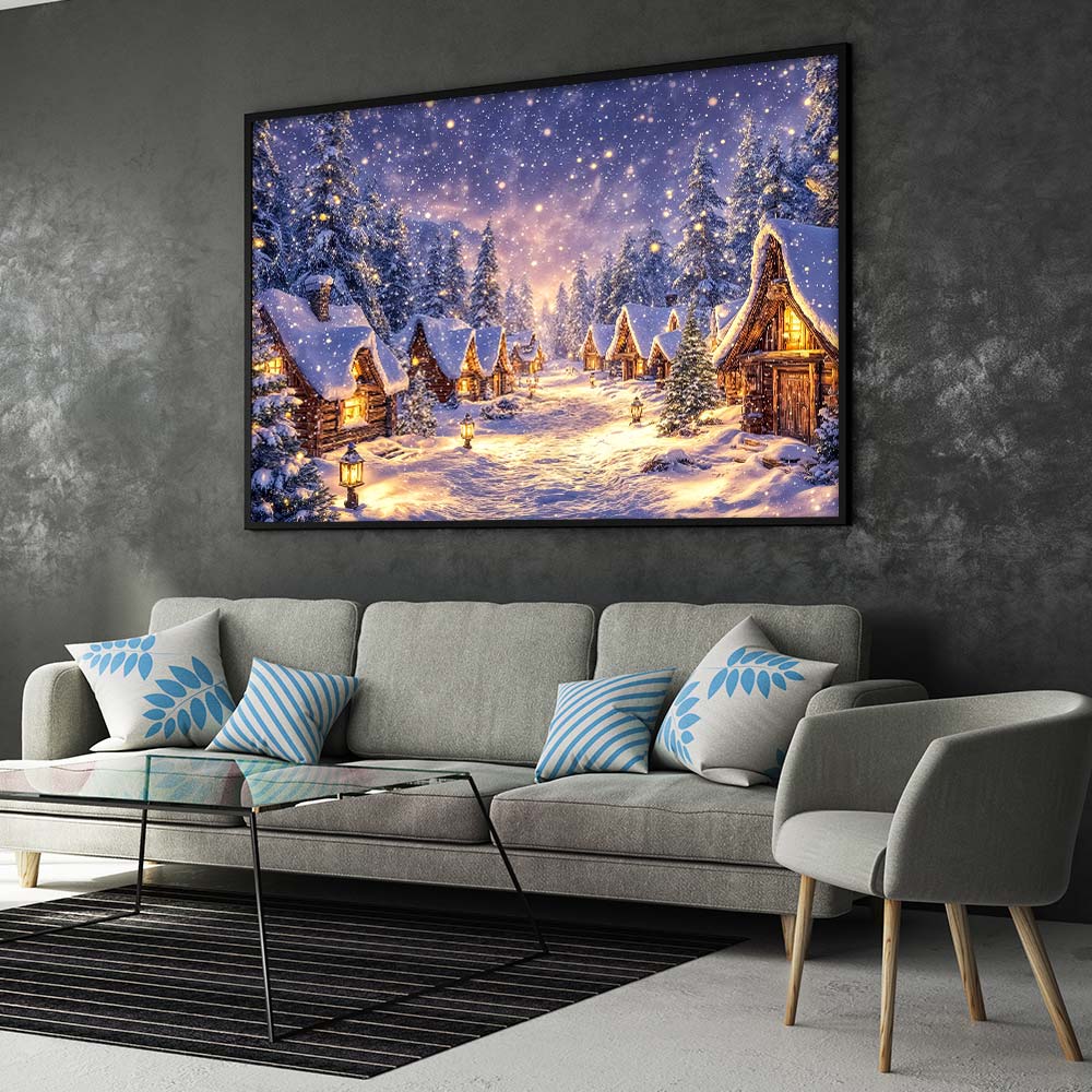 5D Diamond Painting – Winterstille im Hüttendorf, Unique-Diamond