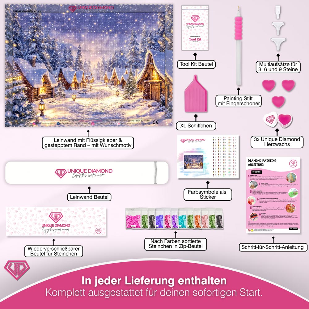 5D Diamond Painting – Winterstille im Hüttendorf, Unique-Diamond