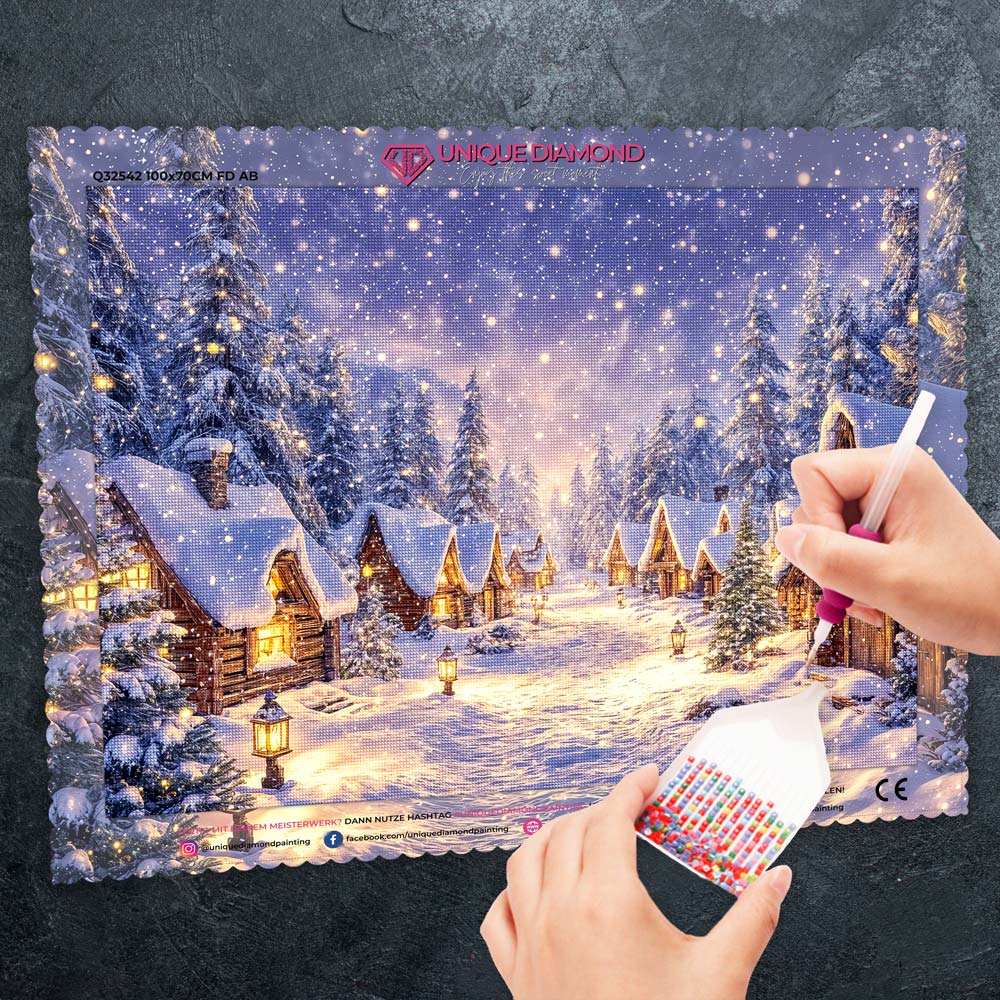 5D Diamond Painting – Winterstille im Hüttendorf, Unique-Diamond