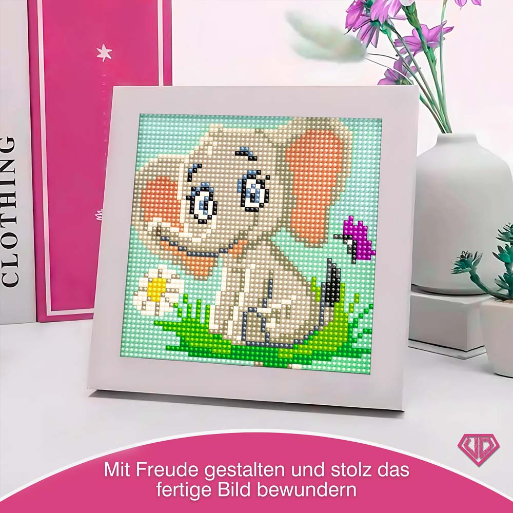 5D Diamond Painting Mini-Bild – Elefant Emil mit Blume, Unique-Diamond