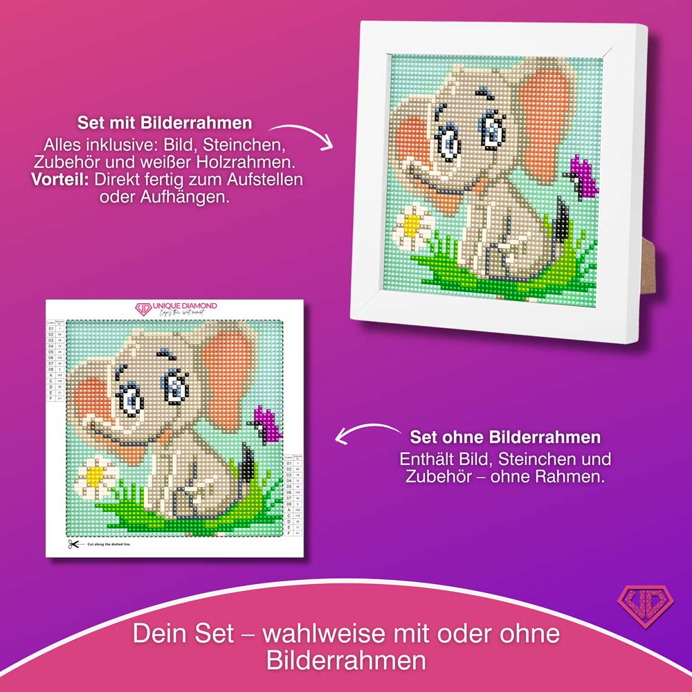 5D Diamond Painting Mini-Bild – Elefant Emil mit Blume, Unique-Diamond