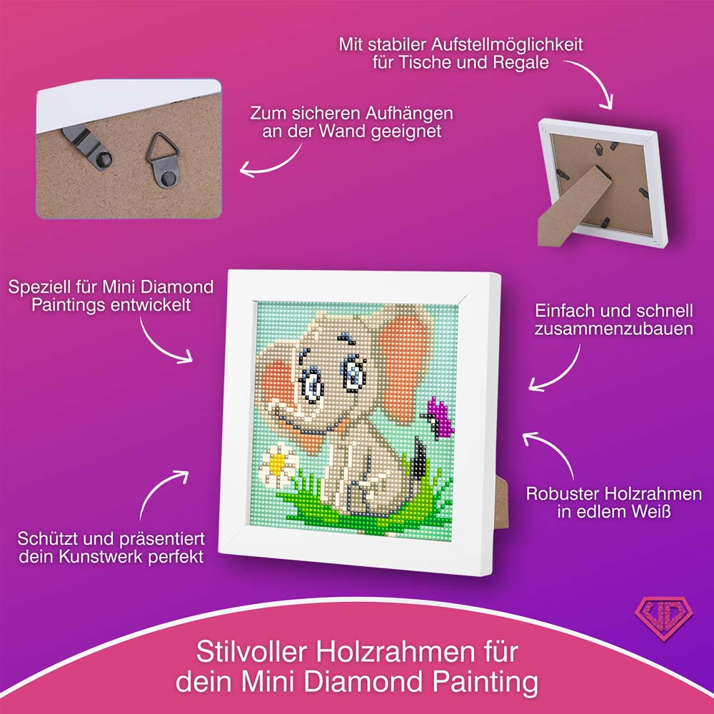 5D Diamond Painting Mini-Bild – Elefant Emil mit Blume, Unique-Diamond