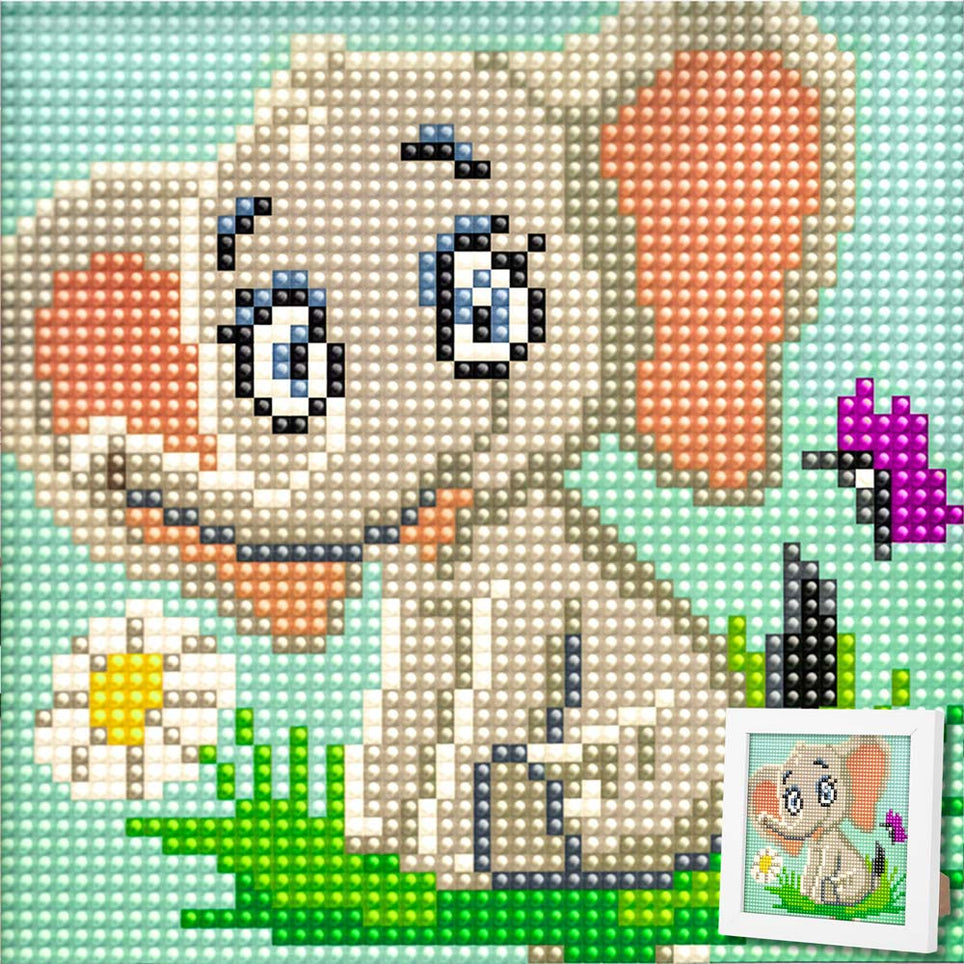 5D Diamond Painting Mini-Bild – Elefant Emil mit Blume, Unique-Diamond
